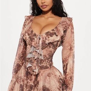💲 NWT Ruffle Tie-Front Mini Dress in Blush Brown